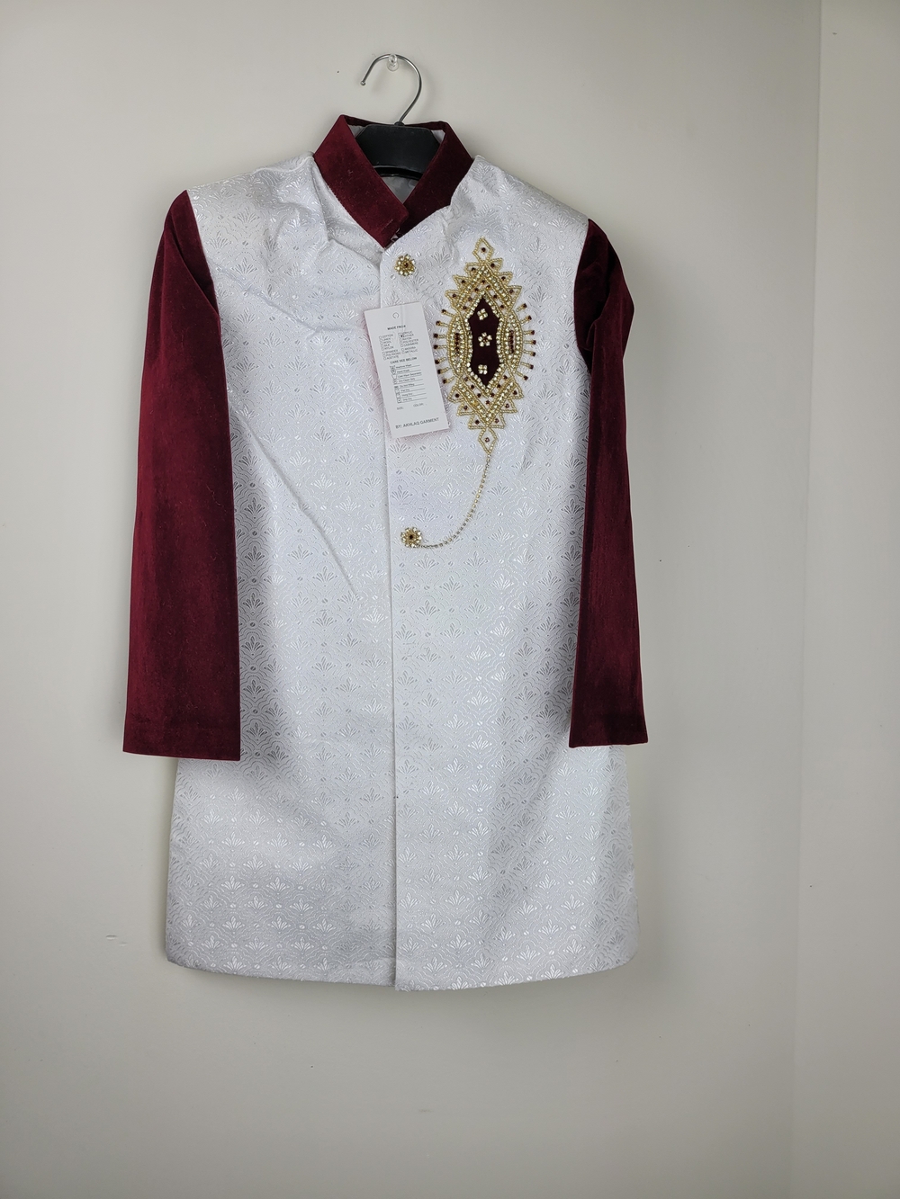 Boy's White and Velvet Burgundy/Blue Embroidered Sherwani Jacket